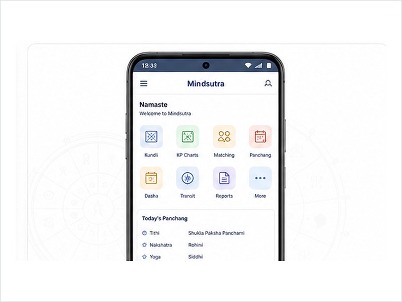 Mindsutra Android astrology app displayed on a modern smartphone