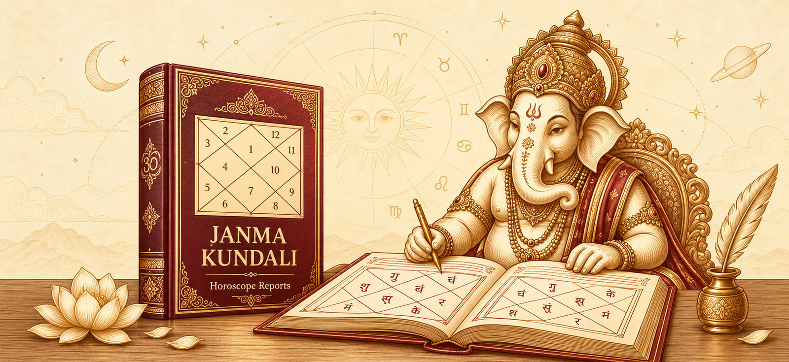 Ganesha preparing a Janma Kundali, with a Kundali report book and open horoscope charts