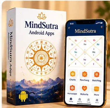 MindSutra Android astrology apps product box beside one smartphone displaying a Kundali app interface