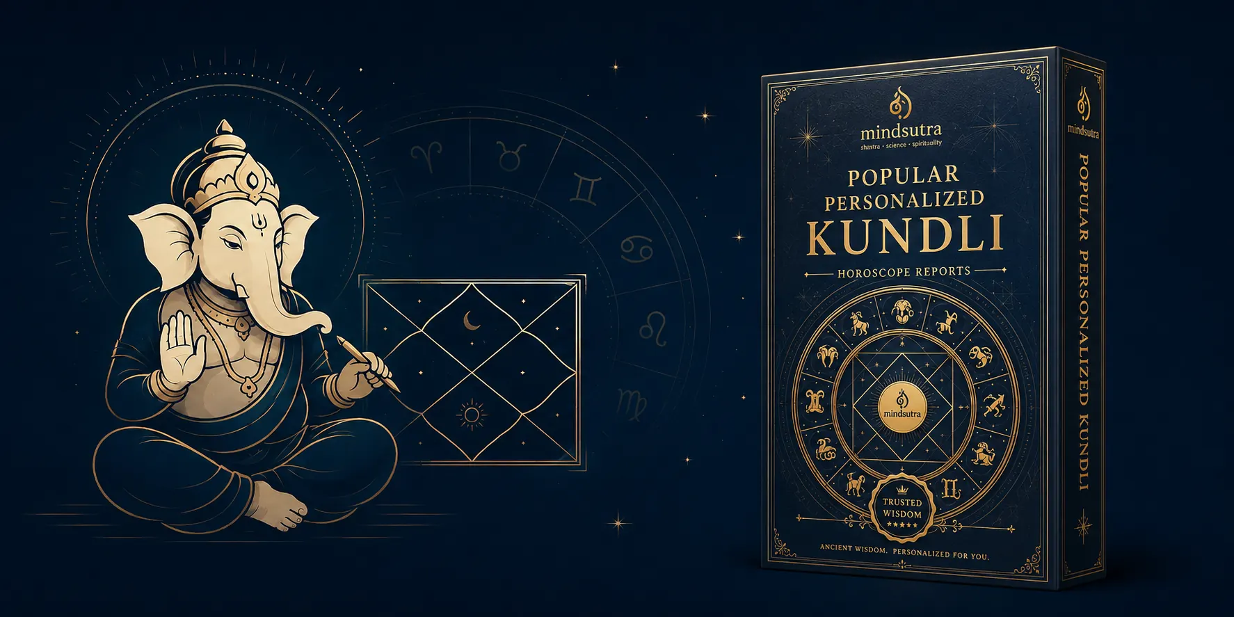 Lord Ganesha holding a Janma Kundali beside a zodiac wheel