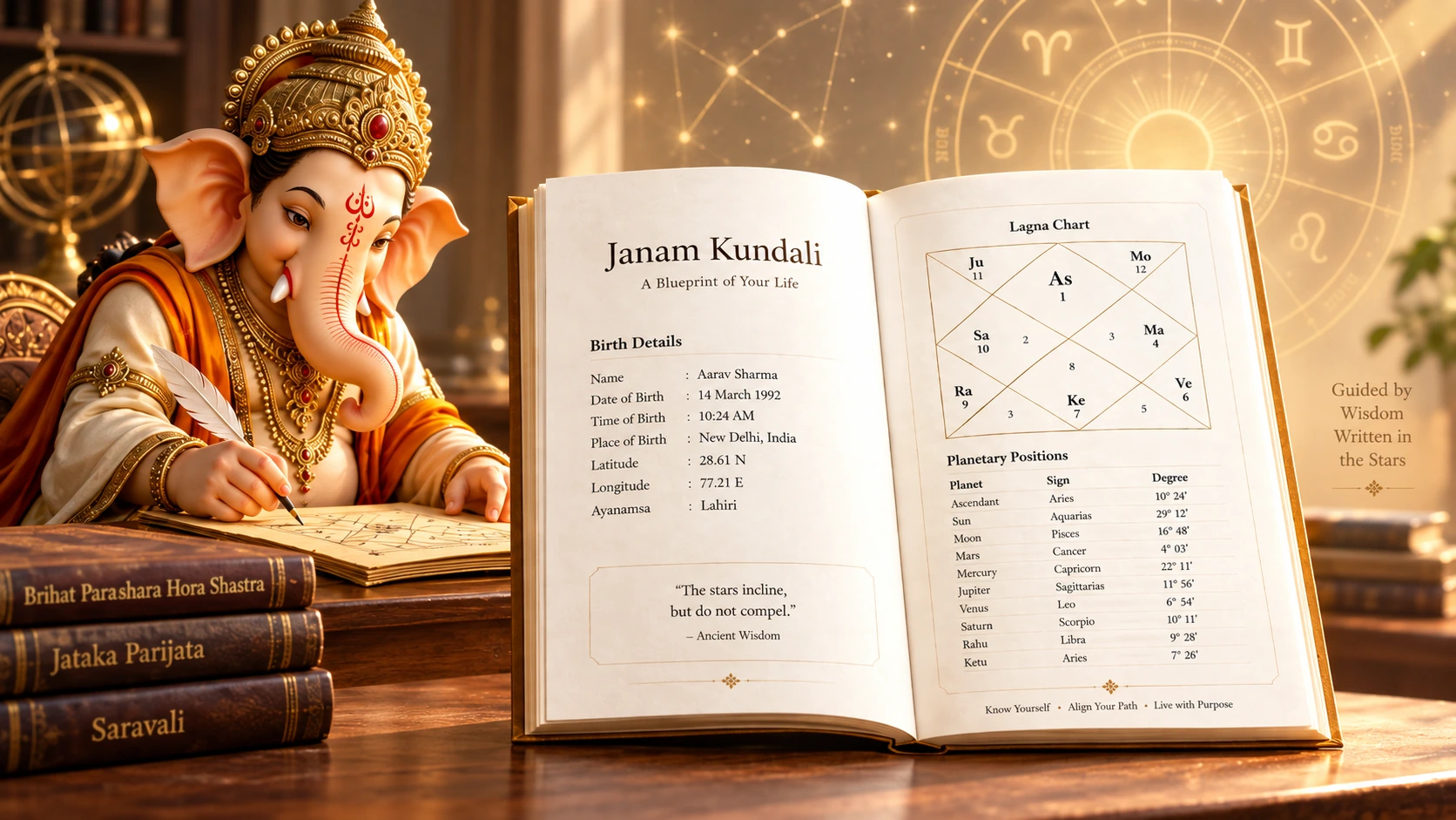 Lord Ganesha writing a Janam Kundali beside an open birth-chart report