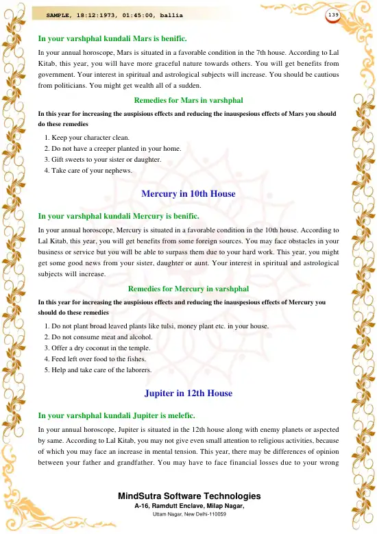 Lal Kitab Horoscope Premium original english sample — page 139
