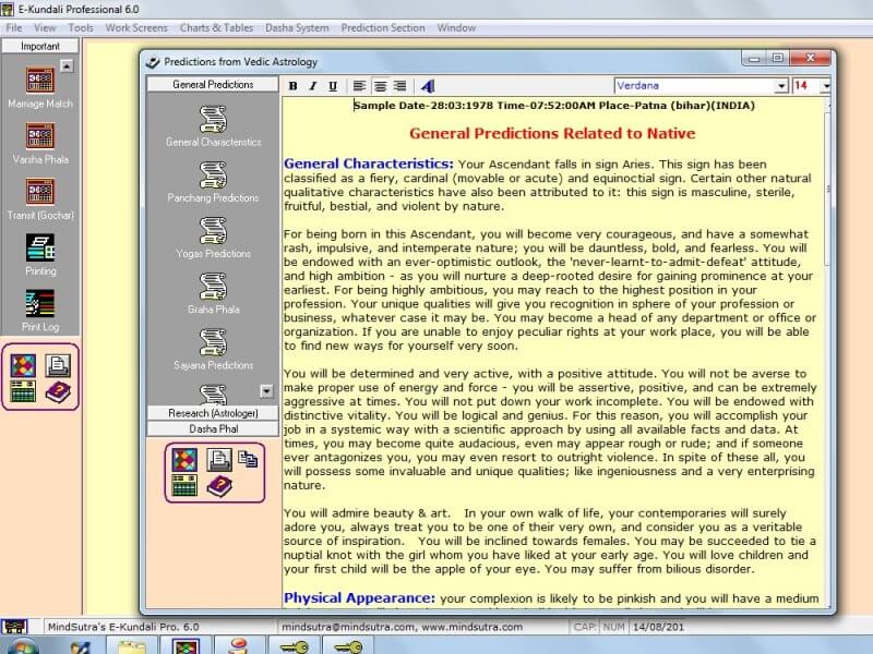 Analysis and Reports screen of E-Kundali Premium 6.0