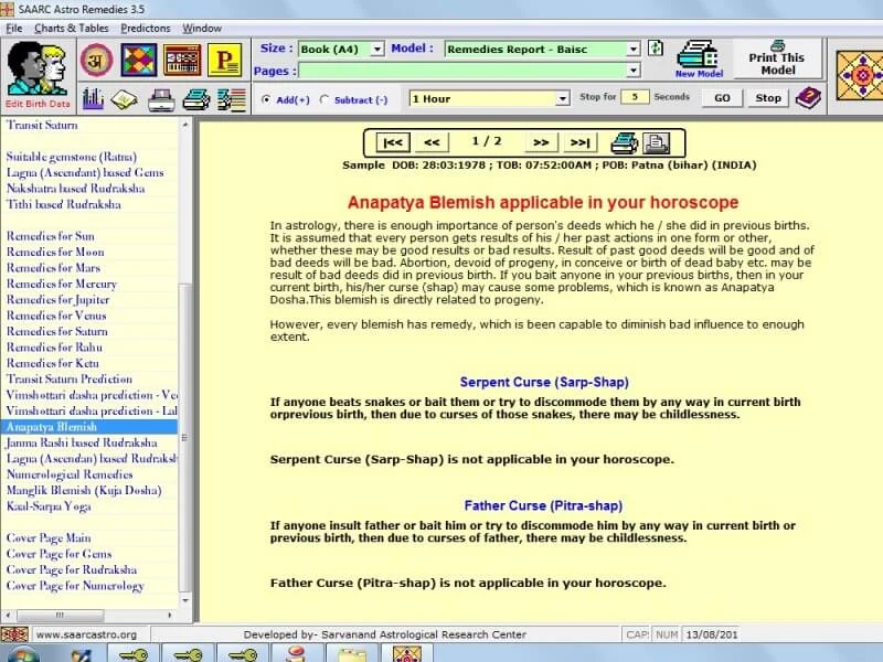 Astro Remedies screenshot showing Anapatya blemish report