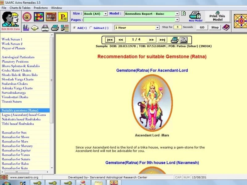 Astro Remedies screenshot showing suitable gemstone recommendation