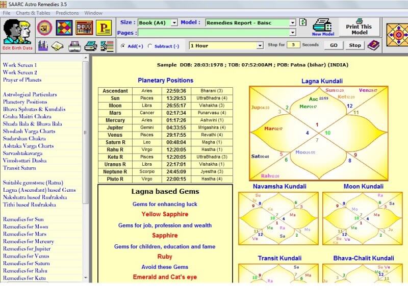 Astro Remedies screenshot showing planetary positions and kundalis