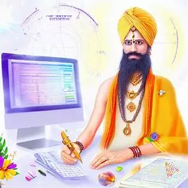 an inaidan sage writing about jaimini astrology on the paper in the background computer display jaimini software